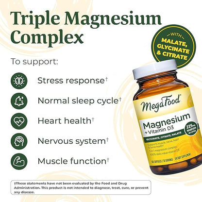 MegaFood Magnesium + Vitamin D3 Magnesium Complex with Magnesium Glycinate Magnesium Citrate & Magnesium Malate Vitamin D for Immune & Bone Support Vegetarian - 60 Capsules, 30 Servings (2 Pack)