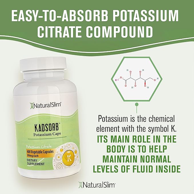NaturalSlim Kadsorb Natural Potassium Citrate - Supports Electrolyte Balance & Normal PH, Non-GMO & Gluten-Free, Absorbable Potassium Supplement with Essential Minerals - 99 mg 400 Capsules (Solo)