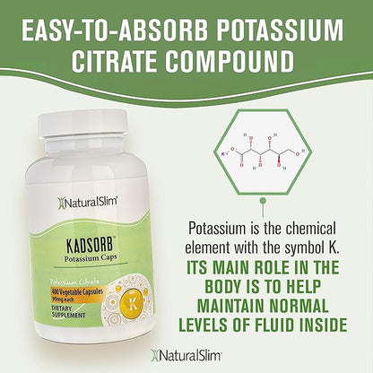 NaturalSlim Kadsorb Natural Potassium Citrate - Supports Electrolyte Balance & Normal PH, Non-GMO & Gluten-Free, Absorbable Potassium Supplement with Essential Minerals - 99 mg 400 Capsules (Solo)