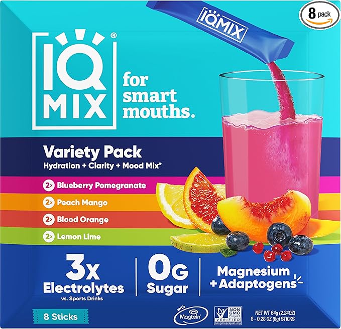 IQMIX Sugar Free Electrolytes Powder Packets - Hydration Supplement Drink Mix with Keto Electrolytes, Lions Mane, Magnesium L-Threonate, and Potassium Citrate - Sampler Pack (8 Count)