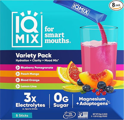 IQMIX Sugar Free Electrolytes Powder Packets - Hydration Supplement Drink Mix with Keto Electrolytes, Lions Mane, Magnesium L-Threonate, and Potassium Citrate - Sampler Pack (8 Count)