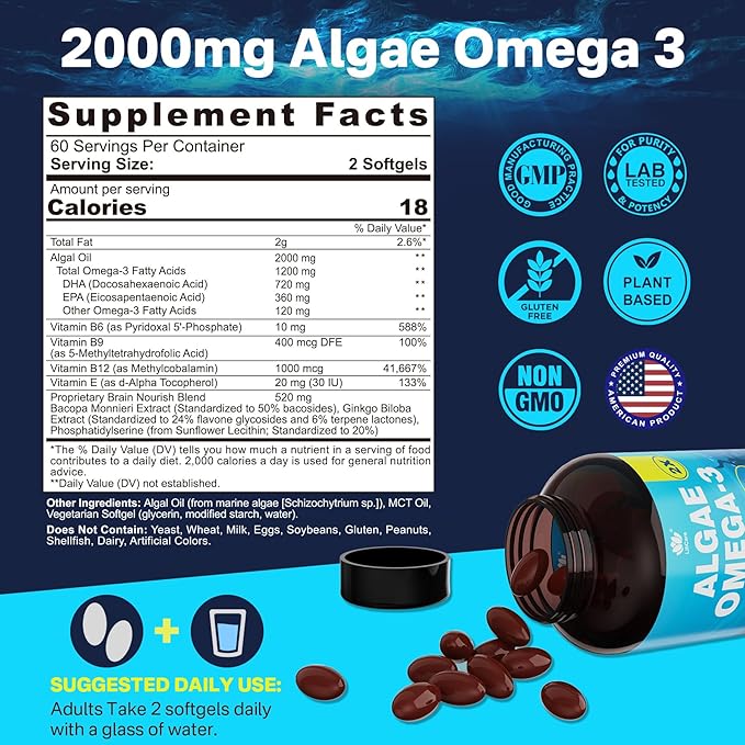 Vegan Omega-3 Algae Oil + DHA 720mg & EPA 360mg, Methyl B9, B12, Vitamin B6 & E, Plant-Based Fish Oil Alternative Omega 3 Supplement, for Brain, Eye, Energy, Immunity, Carrageenan Free, 120 Softgels