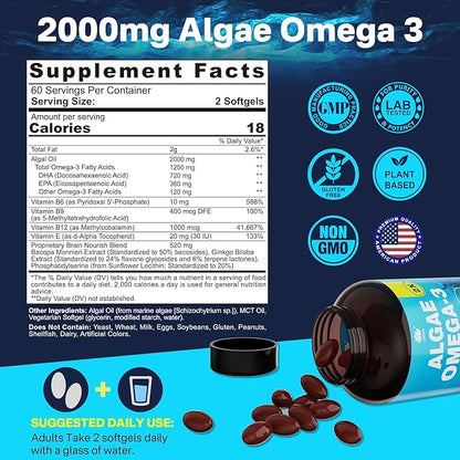 Vegan Omega-3 Algae Oil + DHA 720mg & EPA 360mg, Methyl B9, B12, Vitamin B6 & E, Plant-Based Fish Oil Alternative Omega 3 Supplement, for Brain, Eye, Energy, Immunity, Carrageenan Free, 120 Softgels