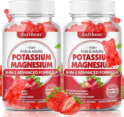 softbear Potassium Gummies for Adults, High Absorption Magnesium Potassium Supplement with Vitamin B6 for Leg Cramps & Muscle Health Sugar-Free Vegan Strawberry 120 Gummies