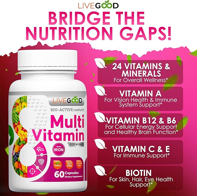 LIVEGOOD™ Women's Bio-Active Complete Multivitamin with Iron, Vitamin A, B12, C, E, Lycopene, Vegan, 60 Capsules