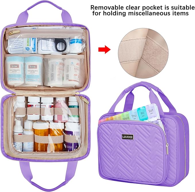 Leudes Travel Pill Bottle Organizer,Medicine Organizer and Storage,Home Medication Bag, Cases,Carrier for Pills,Vitamin,Fish Oil,Supplements for Women and Men (Medium, Purple)