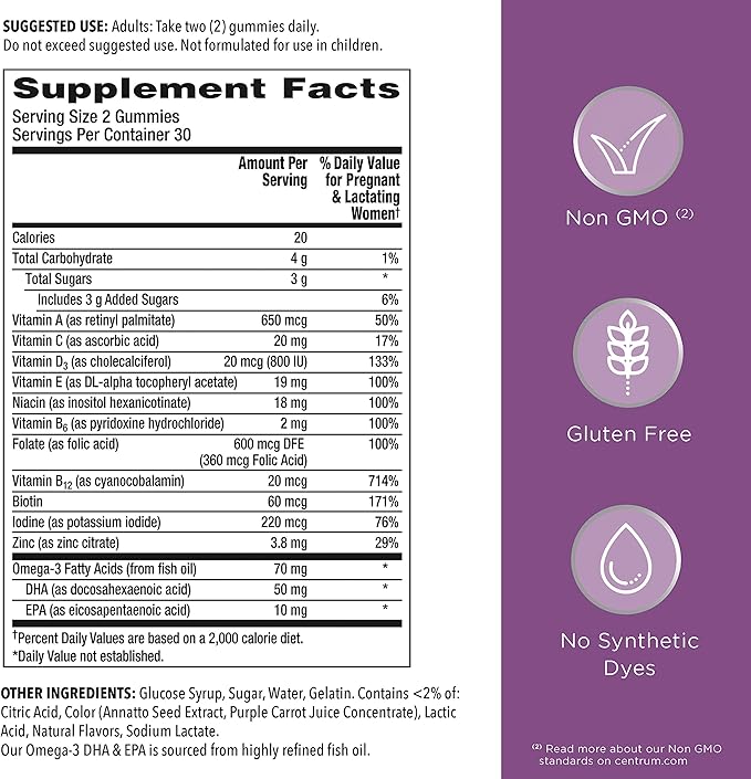 Centrum Prenatal Multivitamin Gummies with DHA and Folic Acid, Mixed Berry and Orange Flavors - 60 Count, 30 Day Supply