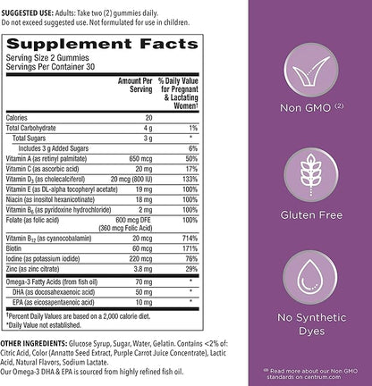 Centrum Prenatal Multivitamin Gummies with DHA and Folic Acid, Mixed Berry and Orange Flavors - 60 Count, 30 Day Supply