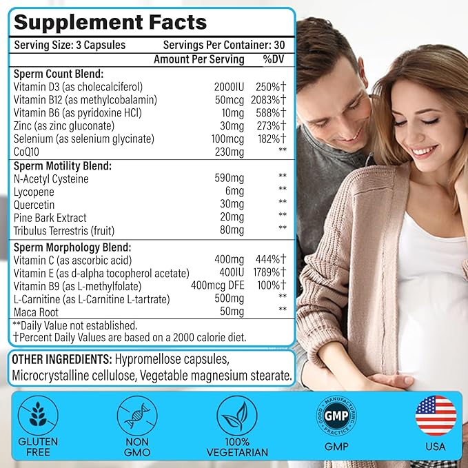Male Fertility Supplements, Advanced Fertility Supplement for Men Optimal Sperm Count Motility & T-Level with Maca Root, Tribulus Terrestris, Zinc, CoQ10, Pre Conception for Him, 90 Caps