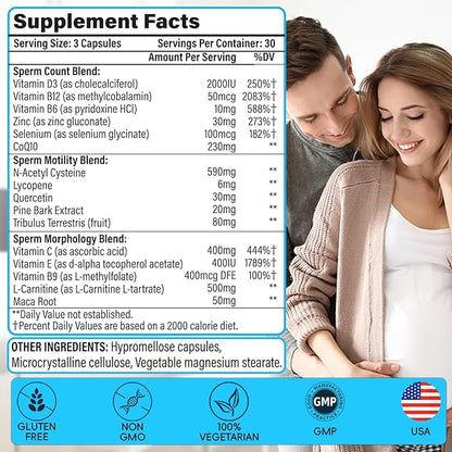 Male Fertility Supplements, Advanced Fertility Supplement for Men Optimal Sperm Count Motility & T-Level with Maca Root, Tribulus Terrestris, Zinc, CoQ10, Pre Conception for Him, 1080 Caps