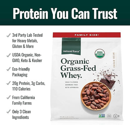 Natural Force Whey Protein Powder – Chocolate, 5 lbs – Grass Fed Organic, Pure, Keto & Paleo Friendly, Low Carb, Kosher, Non GMO – Family Size A2 Protein