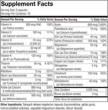 Youtheory High Potency Multi GLP-1 Support - High Absorption Multivitamins - for Immune Support & Bone Health - Gentle on Stomach - Vitamin D, C, Iron & More - 150 Vegetarian Capsules