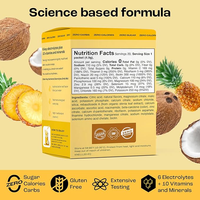 KEY NUTRIENTS Electrolytes Powder Packets - Tropical Pineapple Coconut 20 Pack Hydration Packets - Travel Hydration Powder - No Sugar, No Calories, Gluten Free Keto Electrolytes Powder - Made in USA