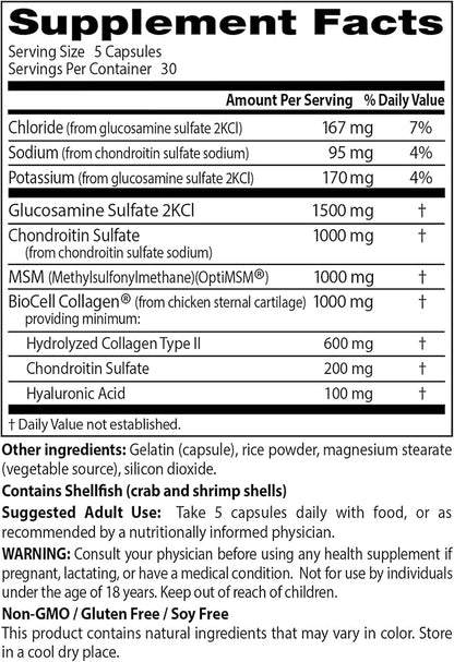 Doctor's Best Glucosamine Chondroitin MSM + Hyaluronic Acid with OptiMSM Featuring Biocell Collagen, Joint Support, Non-GMO, Gluten & Soy Free, 150 Caps
