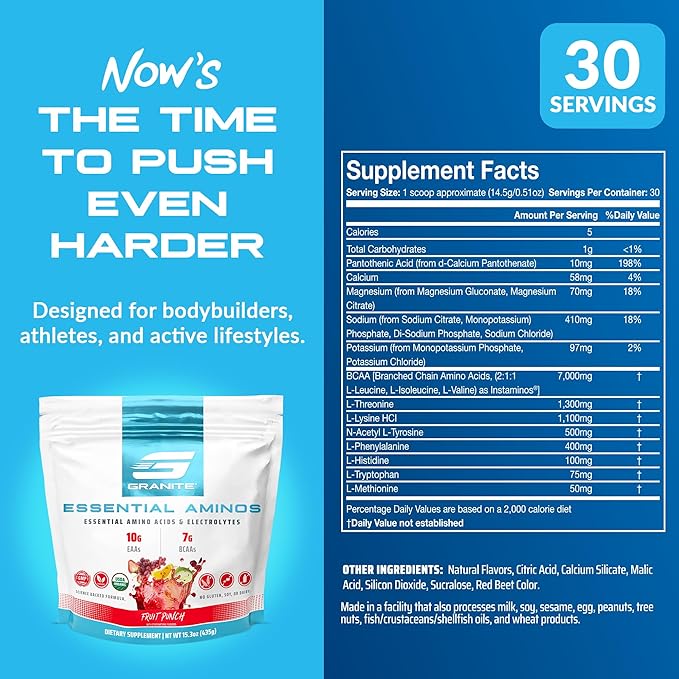 Granite 10g Essential Amino Acids Powder | Muscle Recovery Supplement for Muscle Growth | 7g BCAA Powder with Electrolytes | 30 Servings | Fruit Punch Flavor | Soy & Gluten Free | Made in USA