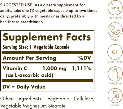 Solgar Vitamin C 1000 mg, 250 Vegetable Capsules - Antioxidant & Immune Support - Overall Health - Healthy Skin & Joints - Bioflavonoids Supplement - Non GMO, Vegan, Gluten Free, Kosher - 250 Servings