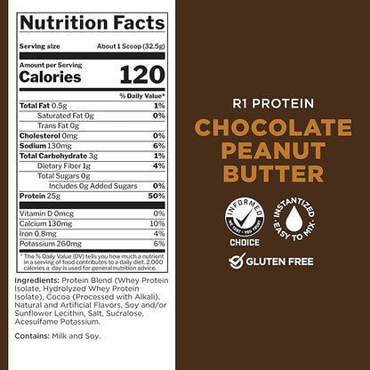 Rule One Proteins R1 Protein - 25g Fast-Acting, Super-Pure 100% Isolate and Hydrolysate Protein Powder with 6g BCAAs (2 Pounds*, Chocolate Peanut Butter)