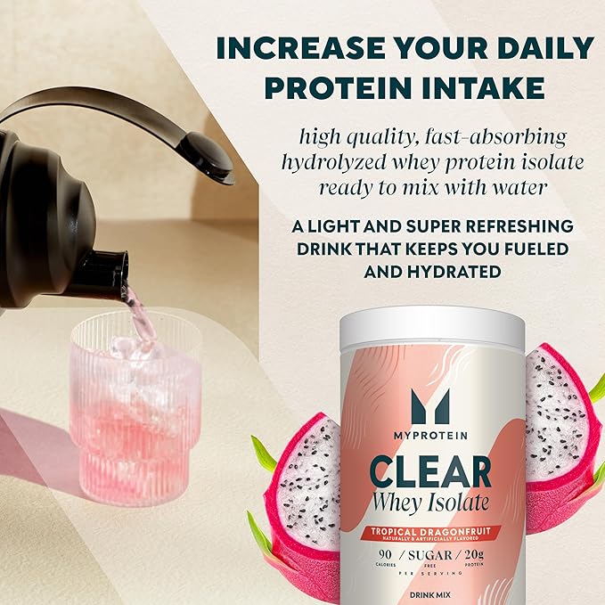 Myprotein Clear Whey Isolate Protein Powder, 1.1 Lb (20 Servings) Tropical Dragonfruit, 20g Protein per Serving, Naturally Flavored Drink Mix
