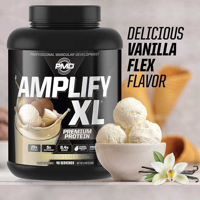 PMD Sports Amplify XL Premium Whey Protein Supplement Hydro Greens Blend - Glutamine and Whey Protein Matrix with Superfood for Muscle, Strength and Recovery - Vanilla Flex (48 Servings)