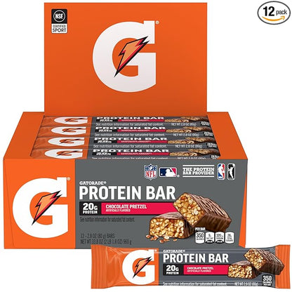 Gatorade Whey Protein Bars, Chocolate Pretzel, 2.8 oz bars (Pack of 12, 20g of protein per bar)