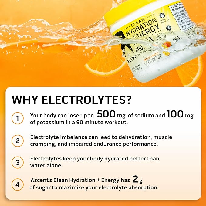 Ascent Clean Hydration + Energy Electrolytes Powder - 100mg Caffeine, 400mg Electrolytes, No Artificial Ingredients, Orange Mango 40 Servings