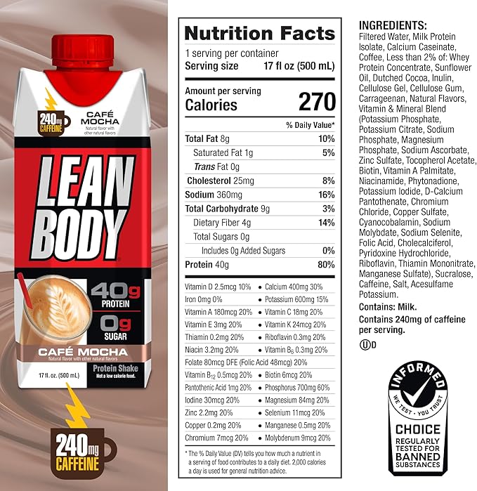 Lean Body Ready-to-Drink Café Mocha Protein Shake, 240mg Caffeine, 40g Protein, Whey Blend, 0 Sugar, Gluten Free, 22 Vitamins & Minerals, (Recyclable Carton & Lid - Pack of 12) LABRADA