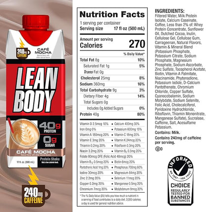 Lean Body Ready-to-Drink Café Mocha Protein Shake, 240mg Caffeine, 40g Protein, Whey Blend, 0 Sugar, Gluten Free, 22 Vitamins & Minerals, (Recyclable Carton & Lid - Pack of 12) LABRADA