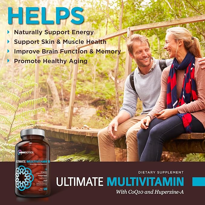 OmniBiotics Ultimate Daily Multivitamin for Women & Men - 120 Vegan Capsules - Includes 34 Essential Ingredients Like Vitamin A, C, D & E, Vitamin B12, B6, Biotin, & Zinc - Multivitamins Supplement
