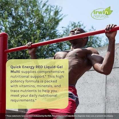 Irwin Naturals Quick Energy RED Liquid-Gel Multi with Nitric Oxide Booster - 72 Liquid Softgels - with Nitric Oxide Booster, Turmeric, Brown Kelp, Maca & Beet Root