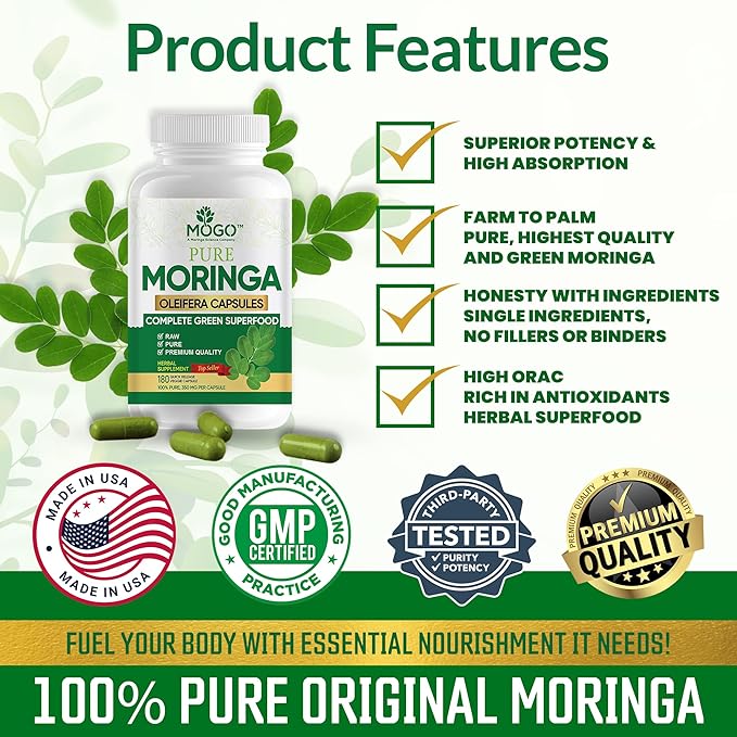 MOGO Organic Moringa Powder Capsules,180 Ct | Moringa Supplement for Energy, Immunity & Joint Health, Our Moringa Capsule Made with Pure Moringa Powder Organic,Vegan and Non GMO.