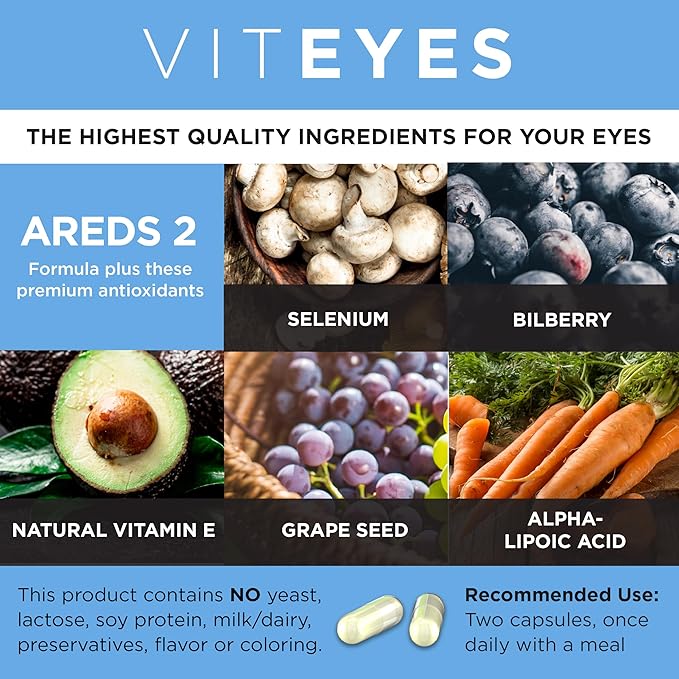 Viteyes AREDS 2 Advanced Macular Support with Bilberry, grapeseed, FLORAGLO Lutein, Selenium, Natural Vitamin E, Allergen Free, Eye Vitamins for Vision Protection, 60 Count
