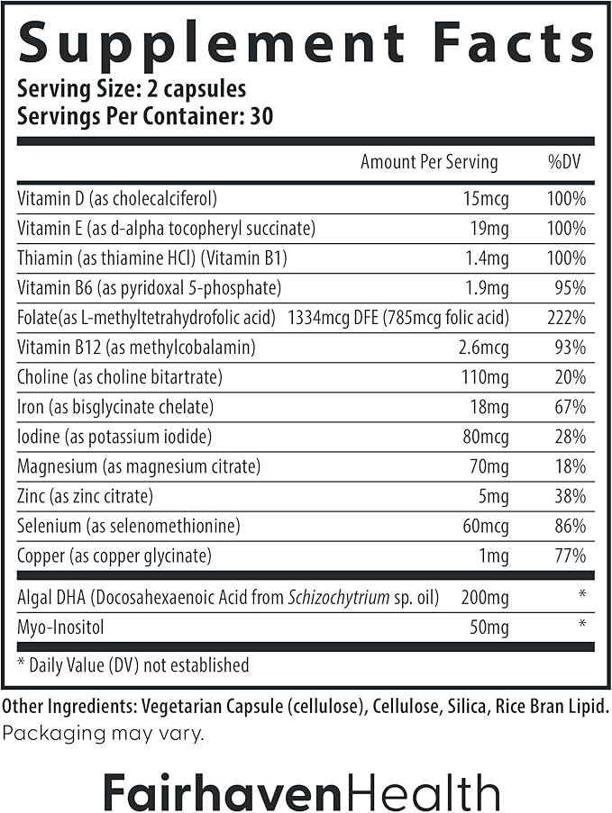 Fairhaven Health Prenatal Multivitamin Essentials | Prenatal Vitamins + DHA, Choline, Myo-Inositol | Supports Healthy Pregnancy & Fetal Brain Development | Mint Essence to Deter Nausea | 60 Capsules