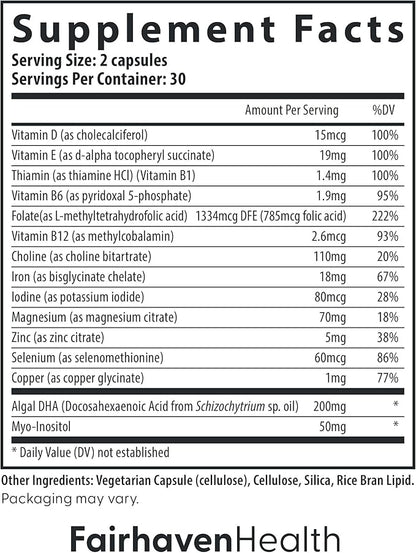 Fairhaven Health Prenatal Multivitamin Essentials | Prenatal Vitamins + DHA, Choline, Myo-Inositol | Supports Healthy Pregnancy & Fetal Brain Development | Mint Essence to Deter Nausea | 60 Capsules