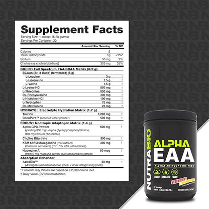 NutraBio Alpha EAA - All-Day Perfect Amino Acids for Muscle Growth - Essential Amino Acids - Full Spectrum EAA BCAA Powder- Amino Acid Supplement - 30 Servings - Strawberry Lemon