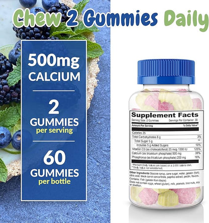 Calcium 500mg with Vitamin D3 1000 IU Gummies | Daily Dietary Supplement | Bone Strength, Growth, Teeth | for Adults, Teens, Kids | Great Tasting Natural Berry Flavor Vitamin Gummy