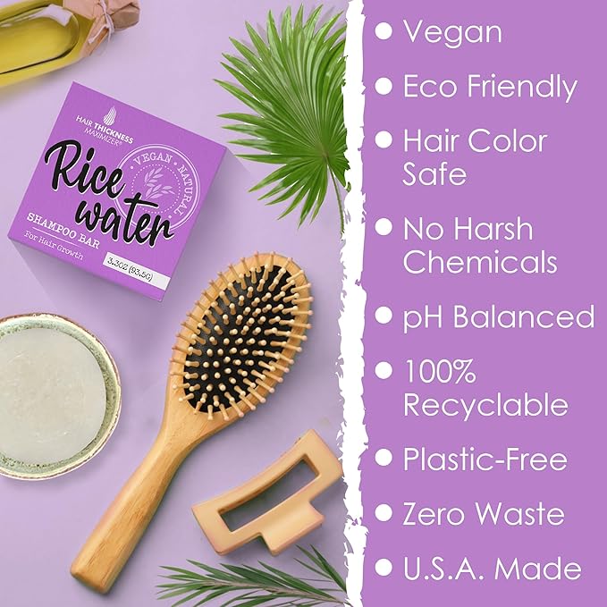 Rice Water Shampoo Bar for Hair Growth, Strengthening, Moisturizing. Eco Friendly, Vegan, USA Made. Color Safe, pH Balanced. No Harsh Chemicals or Plastic. Higher Concentration Than Liquid