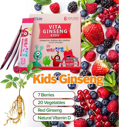 Vita Ginseng Kids, Vitamin D, 7 Berries, Banana, 20 Vegetables, Milk Powder for Immune Support, Focus and Memory Boost, 30 Packets (1Set)