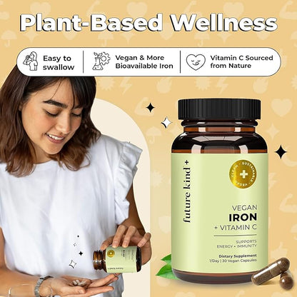 Future Kind Vegan Iron Supplement with Vitamin C (30 Iron Capsules) in Glass Bottle - Iron Supplements for Men and Women - Vegan Supplement Iron with Vitamin C for Energy, Focus & Immunity Support