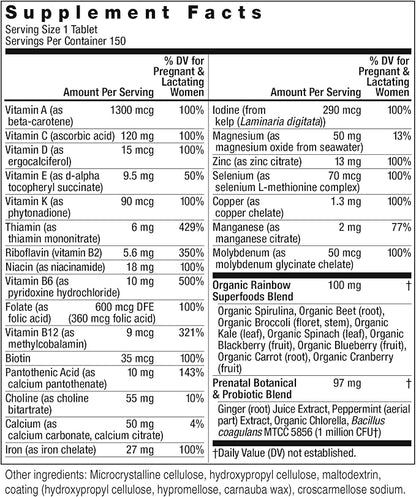 Rainbow Light Prenatal One High Potency Daily Multivitamin with Folate, Ginger and Probiotics; Supports Mom and Baby from Conception to Nursing; Vegan, 150 Tablets,* Pack May Vary