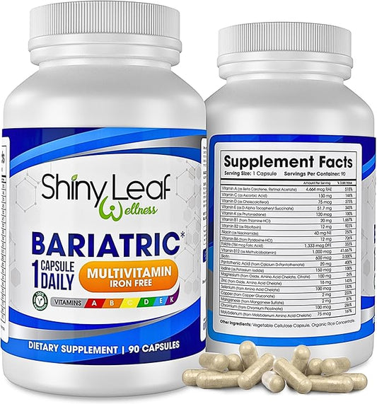 Shiny Leaf Bariatric Multivitamin Iron-Free Capsules for Post Bariatric Surgery Patients, Once Daily Bariatric Vitamins Without Iron for WLS, Sleeve, Gastric Bypass Surgery (3 Months / 90 Caps)