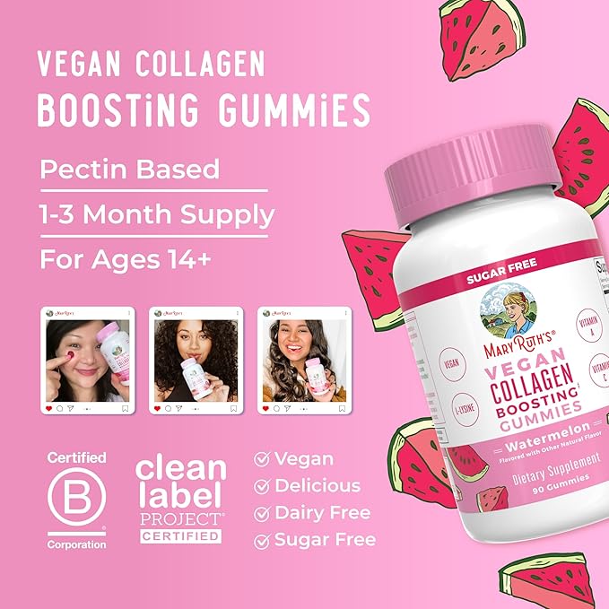 MaryRuth Organics Vegan Collagen for Women & Men, Collagen Boosting Gummies, Skin Care, Lysine, Vitamin C, Vitamin A, Amla, Supplement for Hair & Skin, Vegan, Non-GMO, Gluten Free, 90 Servings