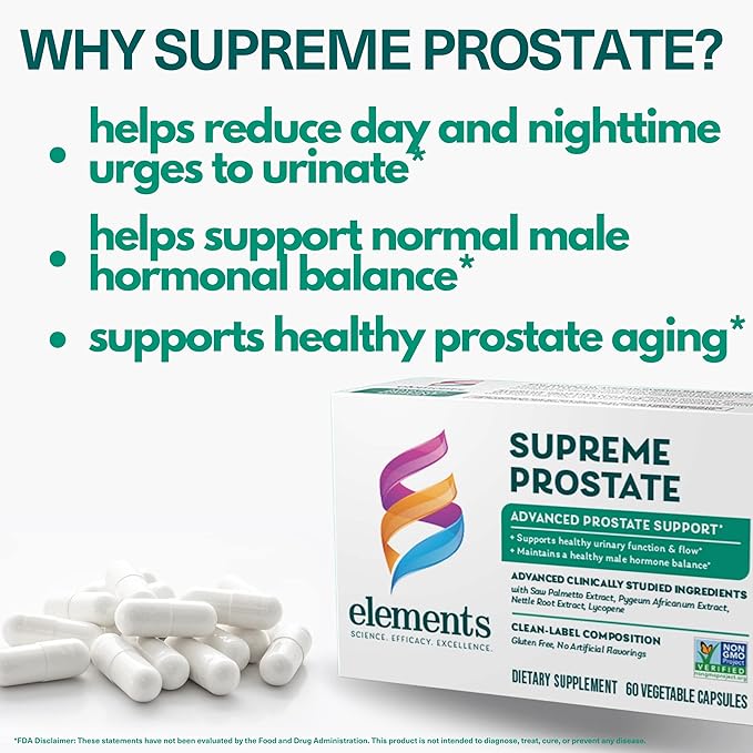 Elements Supreme Prostate, 60 Capsules (30 Day Supply), Advanced Prostate Support Supplement, Supports Healthy Urinary Flow and Function, Gluten Free