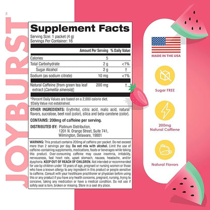 Joyburst Energy Drink Mix, Natural Caffeine (200mg) for Sustained, Jitter Free Energy, On-the-Go Natural Energy Drink Powder, Sugar Free - 16 x 4g Energy Sticks (Frose Rose)