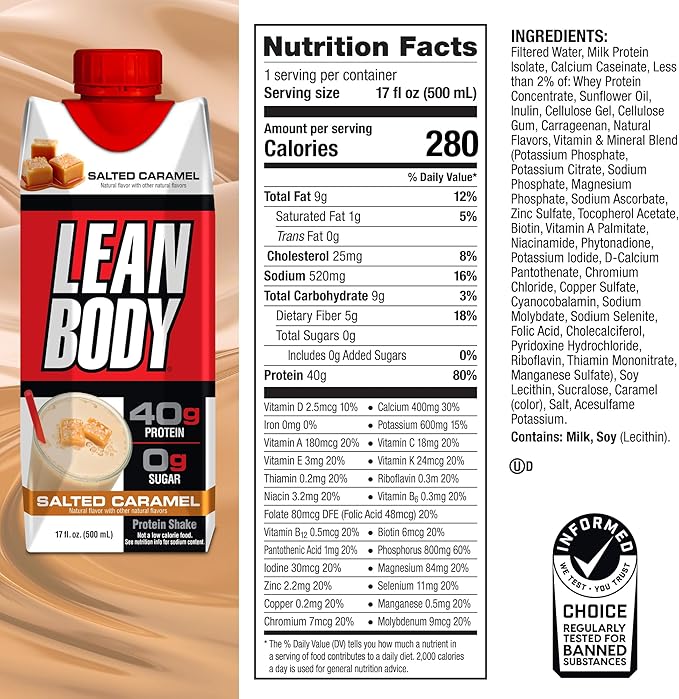 Lean Body Ready-to-Drink Salted Caramel Protein Shake, 40g Protein, Whey Blend, 0 Sugar, Gluten Free, 22 Vitamins & Minerals, 17 Fl Oz (Pack of 12)