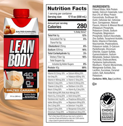 Lean Body Ready-to-Drink Salted Caramel Protein Shake, 40g Protein, Whey Blend, 0 Sugar, Gluten Free, 22 Vitamins & Minerals, 17 Fl Oz (Pack of 12)
