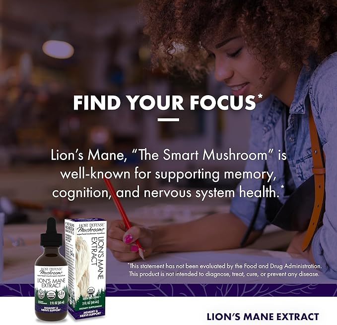 Host Defense Lion's Mane Extract - Brain Health Support Supplement - Mushroom Supplement to Support Focus & Memory Function - Immune & Nervous System Support Supplement - 2 fl oz (60 Servings)*