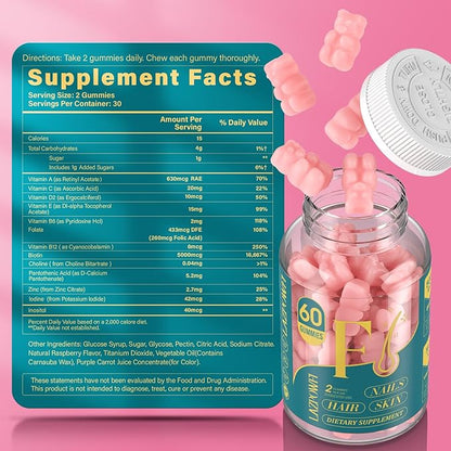 Biotin Gummies -Hair Skin and Nails Vitamins for Men & Women, Vegan Vitamin B7, Supports Hair Growth and Stronger Nails,60 Day Supply-Raspberry-2 Pack