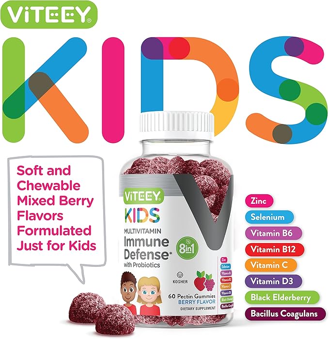Kids Multivitamin Gummies with Probiotics - 8-1 Kids Vitamins for Immune Health Support with Vitamin C, D3, B12, B6, Zinc, Elderberry, Selenium - Vegetarian - Chewable Tasty Berry Flavored Gummy
