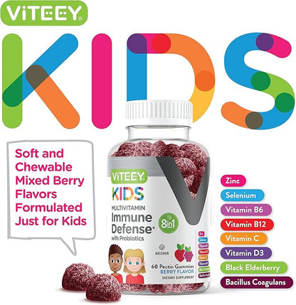 Kids Multivitamin Gummies with Probiotics - 8-1 Kids Vitamins for Immune Health Support with Vitamin C, D3, B12, B6, Zinc, Elderberry, Selenium - Vegetarian - Chewable Tasty Berry Flavored Gummy