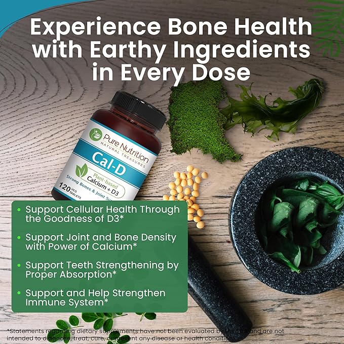 Pure Nutrition Cal D - Plant Based Calcium with Vitamin D3 K2 and Magnesium. Vegan Calcium Supplement with 500mg Elemental Calcium per Serving. Algae Calcium Supplement for Bone Health | 120 Tabs